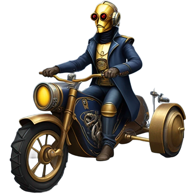 Bounty hunter C-3PO Jedi wearing a pair of navy-blue rimmed steampunk goggles, hat, leather chaps, fringe jacket riding a relaxed sci-fi 3 wheeler reverse-trike steampunk rat rod motorcycle with large fenders and saddlebags in desert town  emoji
