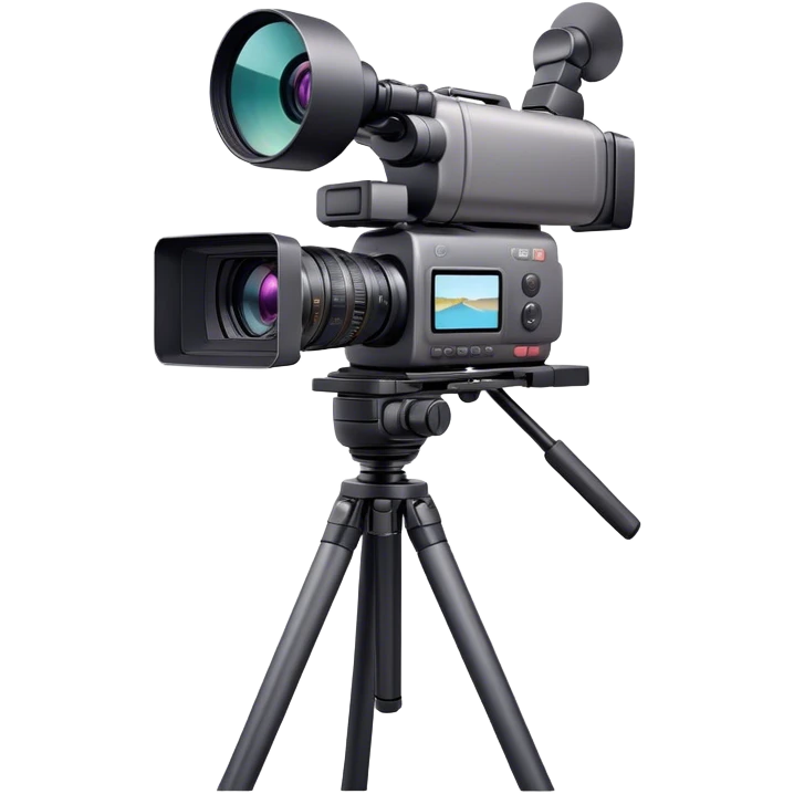 Create an emoji for video recording. Show a  single lens professional video camera with screen and image on it, on heavy tripod. Use modern, professional colors. Do not include any emojis or smiley faces. Make the background transparent. emoji