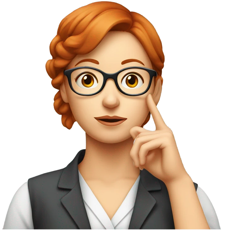 red hair woman nutritionist wearing glasses with hand on chin having an idea emoji