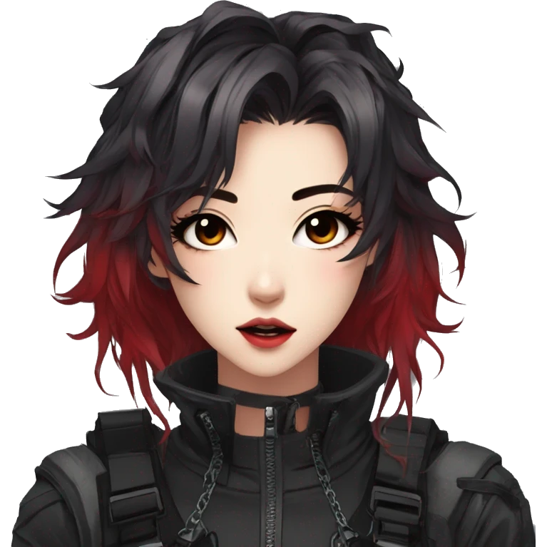 Gorgeous techwear anime style lady with blushing face aesthetic and pretty edgy black red punk messy hair with collar and harness trending style emoji