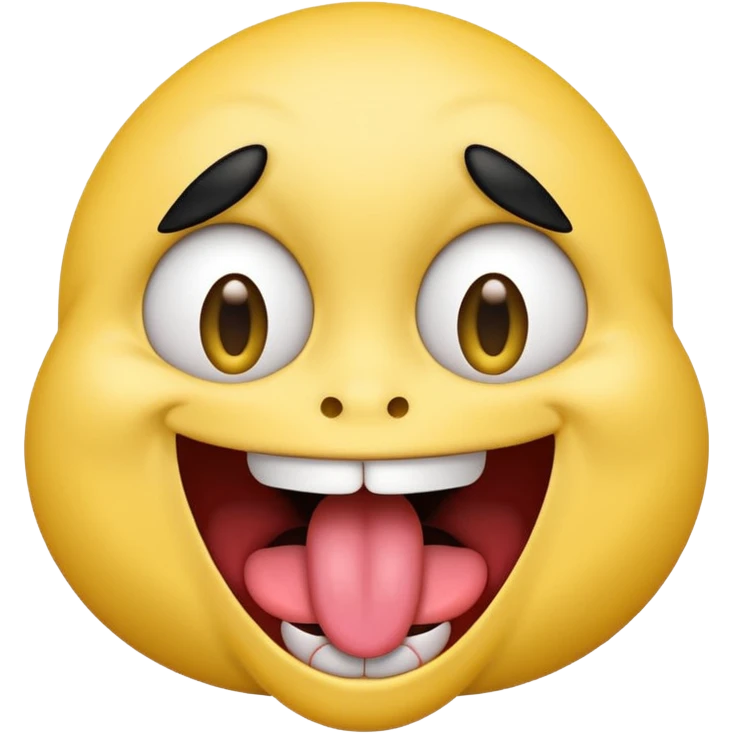 Freaky yellow face emoji smiling really big with huge tongue out and eyes wide open. Tongue should is wagging back and forth. Give him a full head of black hair emoji