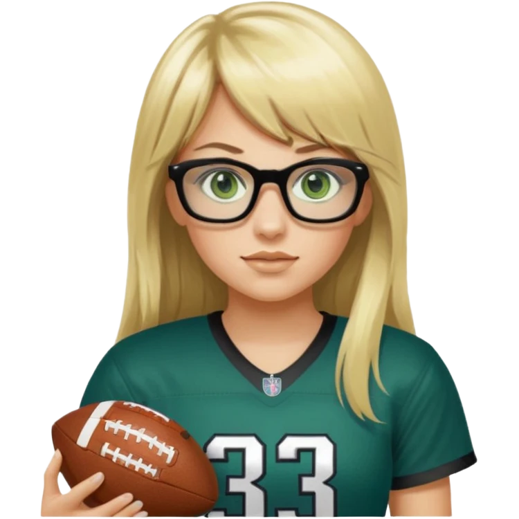 long blonde hair with bangs black rectangle glasses female green eyes football player wearing eagles jersey number 33 holding football emoji