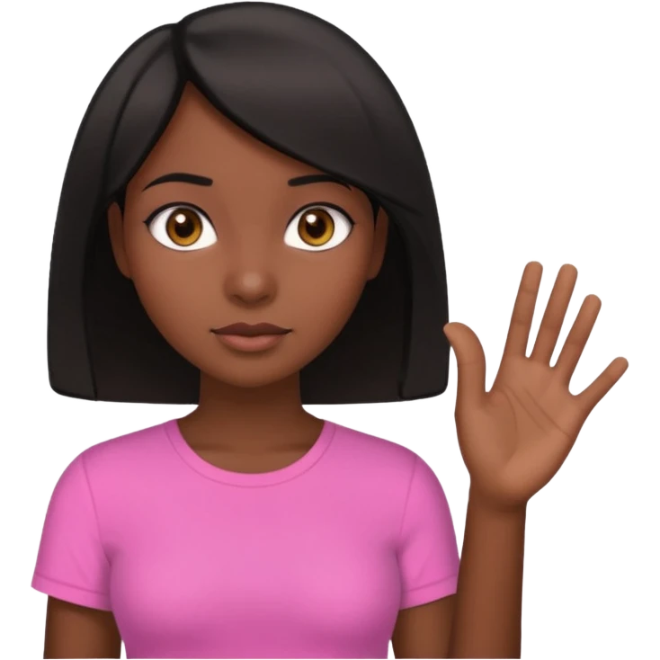 Dark skin girl asking for money with hand out make her more fabulous but still a clean look with a black bob and pink shirt  brown eye  emoji