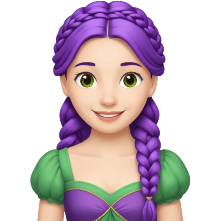 Princesses with Long Purple Braid, green dress emoji