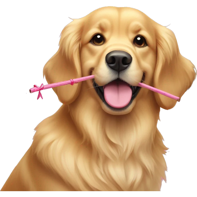 a golden retriever with a pink bow on the right and a stick in his teeth emoji