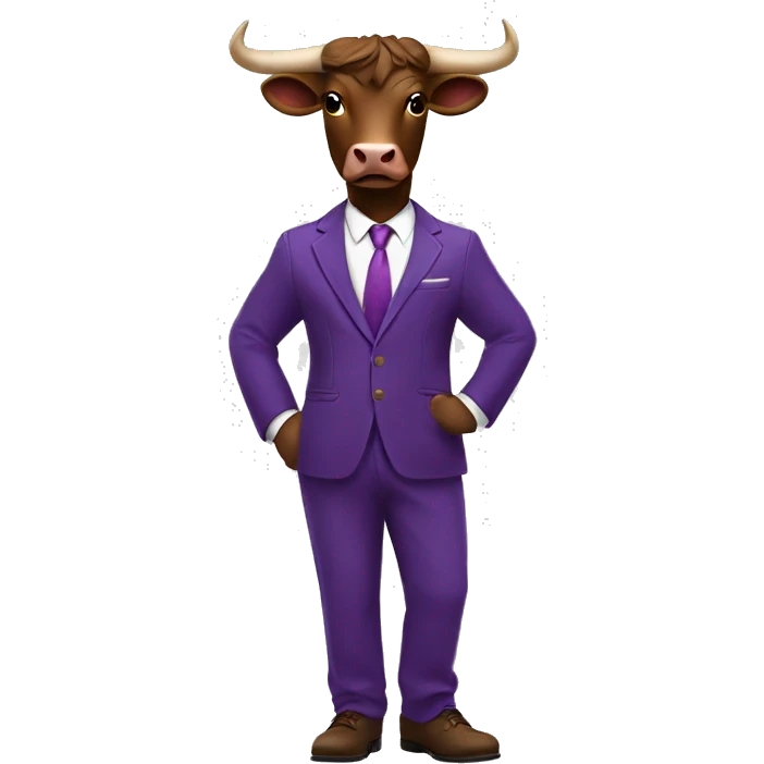 Brown bull with horns standing wearing purple 3 piece suit with brown shoes emoji