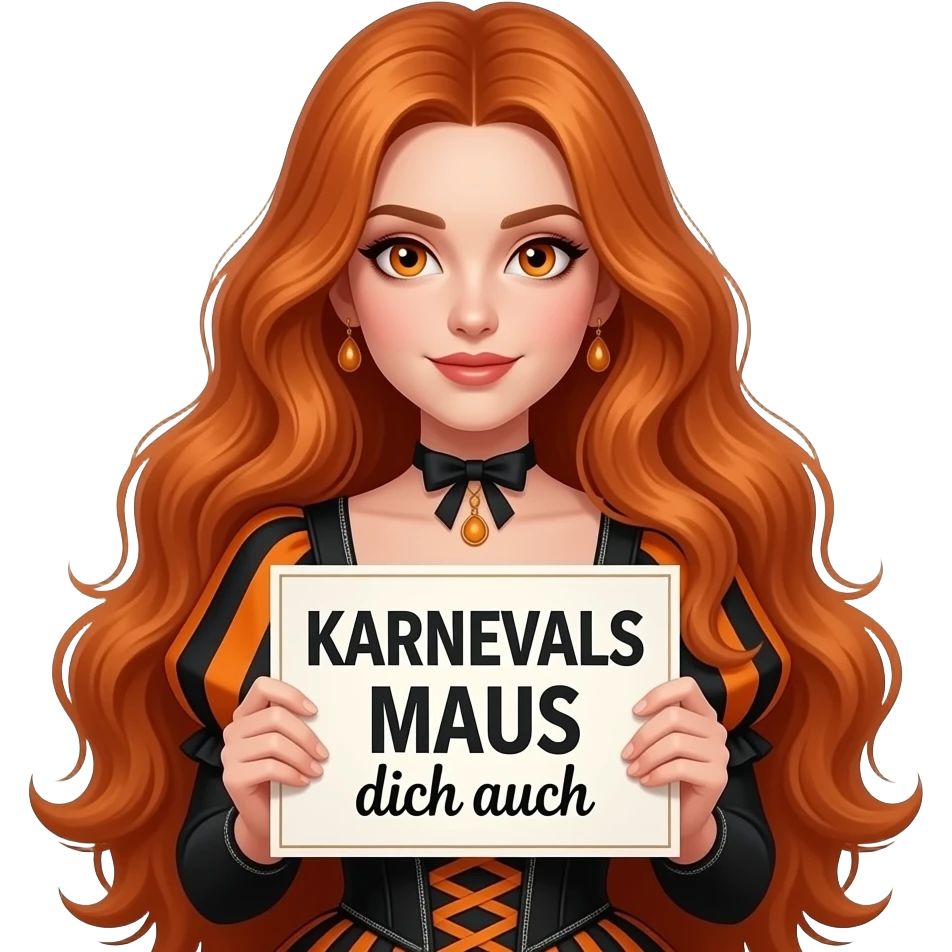 sexy girl with overlong ginger hair and ginger eyes wearing a halloween dress holding a KARNEVALS MAUS dich auch sign emoji