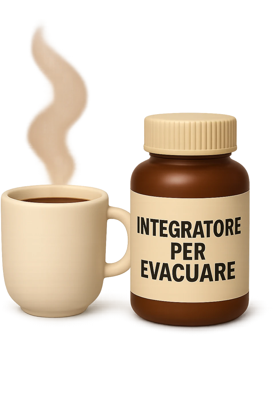 EMOJI STILE IPHONE 3D DI un caffè e di una boccetta di integratore con la scritta "INTEGRATORE PER EVACUARE" SULL'ETICHETTA, iperrealistico 4k emoji