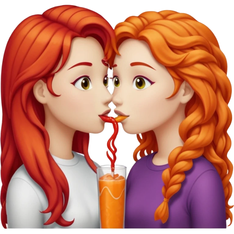 two girls kissing, one with long straight hot cheeto  red hair, the other with long curly blonde hair emoji