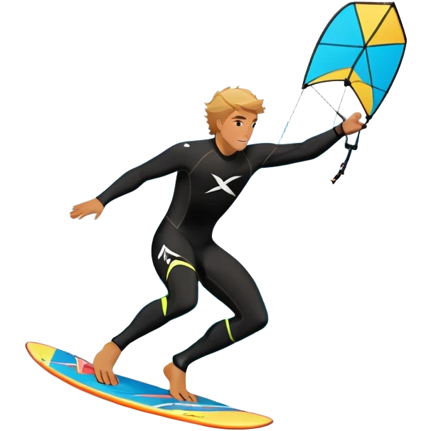 An athlete in a wetsuit riding a kiteboard, soaring over the waves with the kite high in the sky. The background features a vibrant blue sky and crashing ocean waves, capturing the thrill and freedom of kitesurfing in dynamic motion. emoji