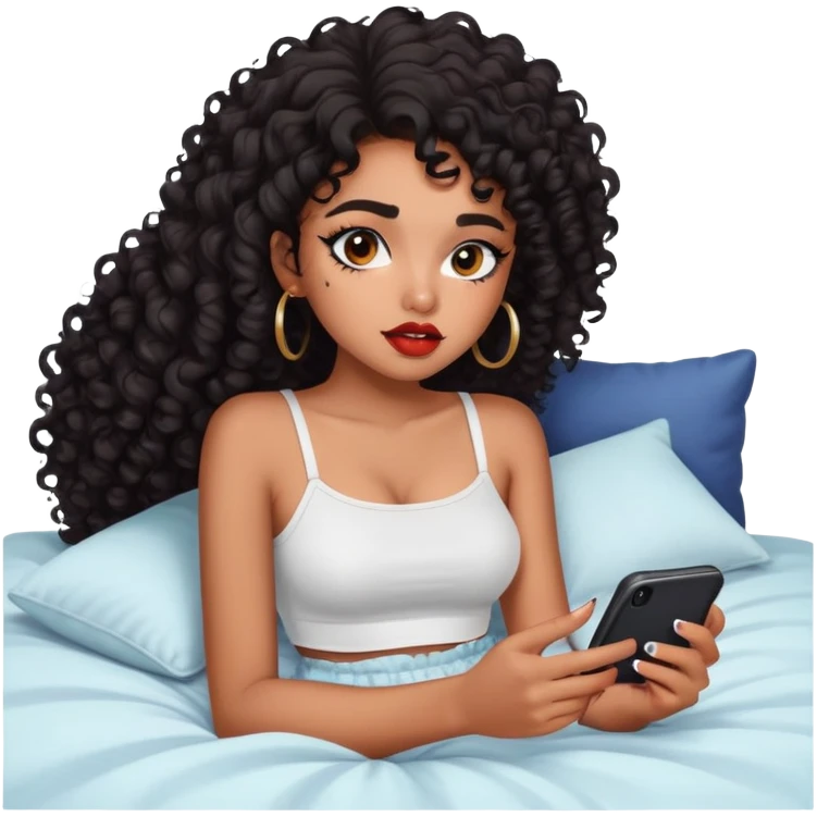 Brown-skinned teenage girl with curly black hair lying on bed looking at phone, heavy makeup, big lips, crop top, choni style emoji