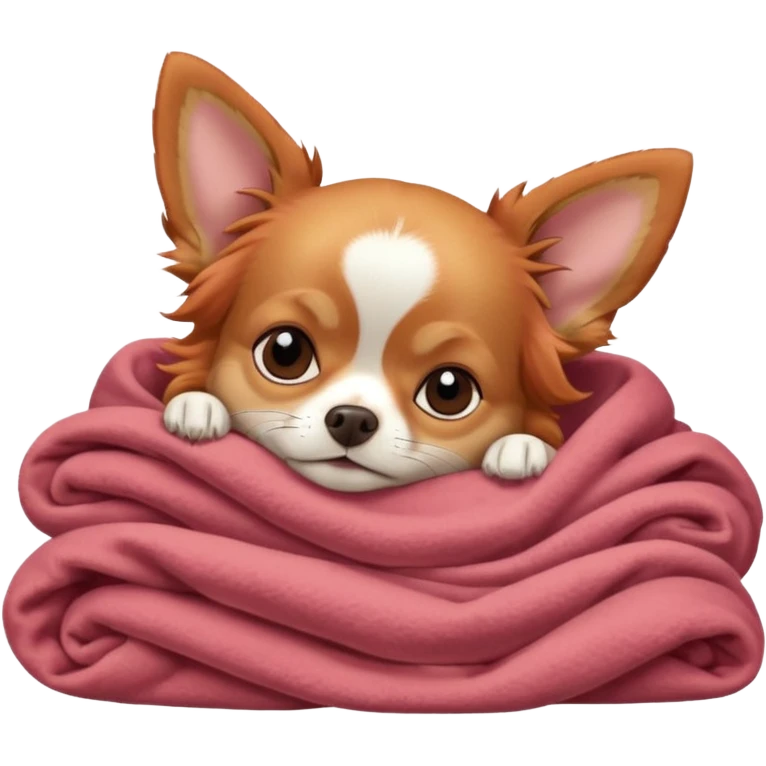 Long haired chihuahua, beige/redhaired, head without white markings, with white chest and white socks, head without white, sleeping cutely under blanket emoji