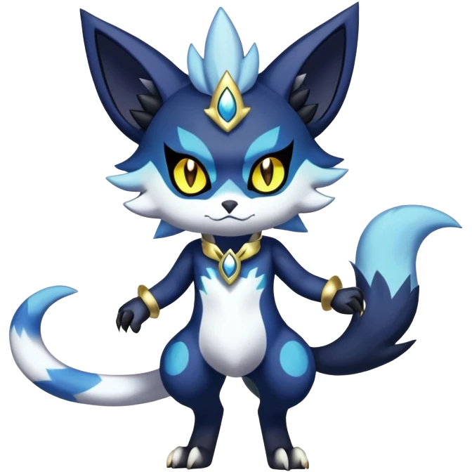 Shiny Evil mExotic Badass Colorful Ethereal Royal Mysterious Gothic Meowstic-Zorua-Litten-Noibat-Pokémon-Fakémon-hybrid-creature (full body) with pattern-markings with golden eyes emoji