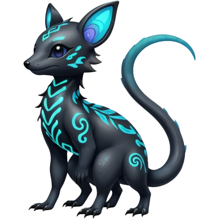 Rare futuristic bioluminescent iridescent neon glowing cute epic aesthetic gothic colorful Salandit-Eevee-Trico-Civet-species-Fakemon-hybrid-creature, with intricate tattoo markings, full body emoji