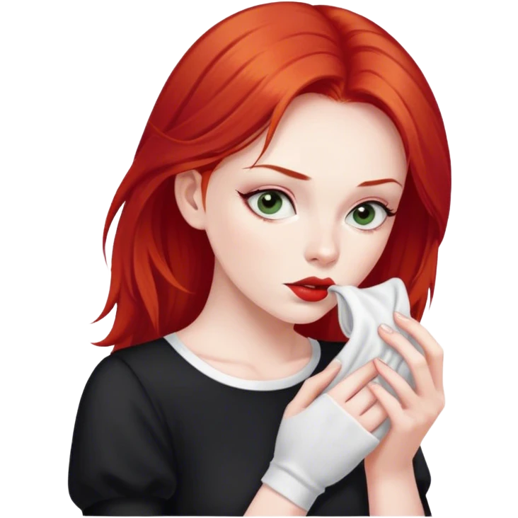 a woman with red hair and red eyes sniffing a white sock. The woman wear a black  dress emoji