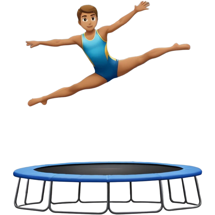 An athletic person soaring high above a trampoline, executing an acrobatic flip with perfect form. The scene captures motion and energy, with a dynamic pose, stretched limbs, and a focused expression. The background suggests a professional trampoline arena with safety padding. emoji