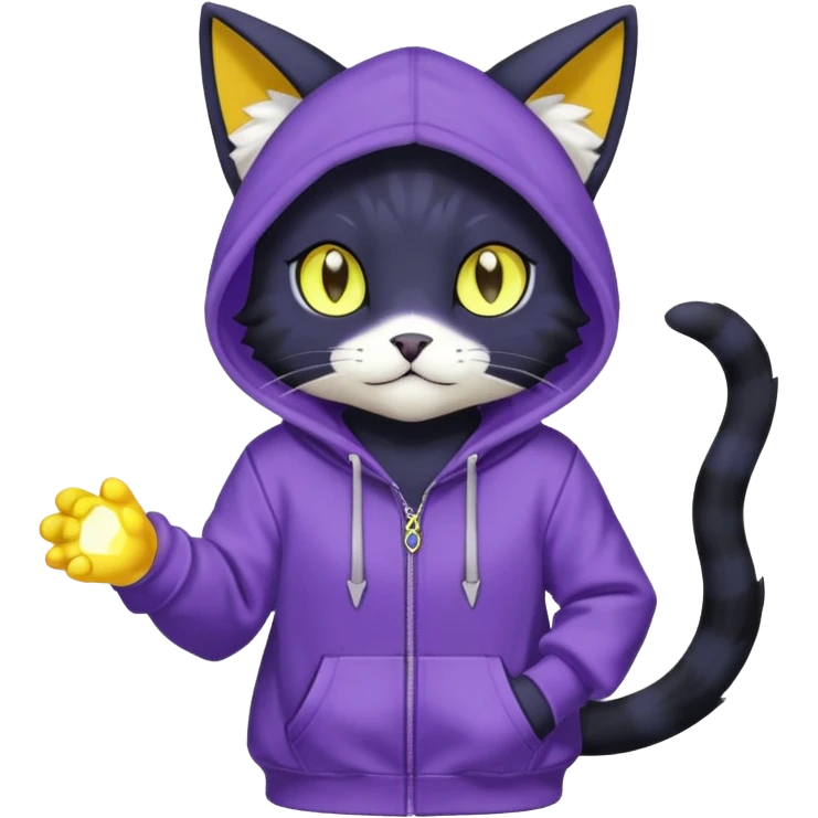 Black cat-garurumon-purloin-feline-Fakemon-Digimon-creature wearing a violet hoodie fursona (full body)  emoji