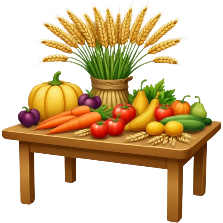 Table with harvested crops like wheat, vegetables, and fruits emoji