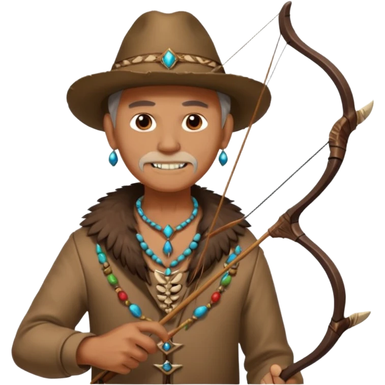 The classic image of a middle-aged uncle hunter carrying a bow, dressed in brown clothes, with some ornaments made of feathers, bones or teeth on his body. emoji