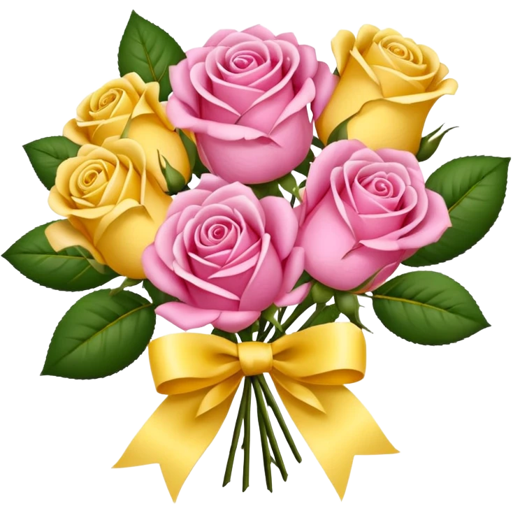 A bouquet of flowers, composed of pink and yellow roses, four blooms in total, tied with ribbon. emoji