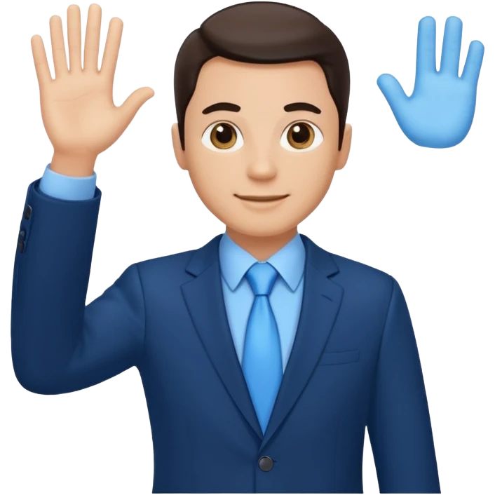 Make emoji of me in a dark blue business suit and light blue shirt waiving to new clients emoji
