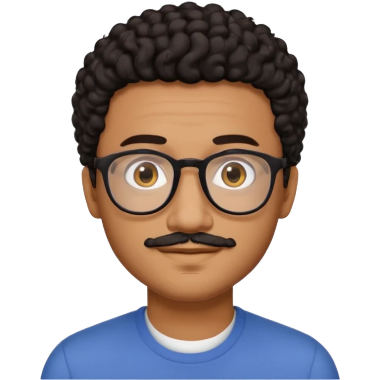 A friendly person with medium-brown skin, large warm brown eyes, thin rectangular glasses, a short mustache and small goatee, black short curly hair. Rounded face, calm slight smile. Head-and-shoulders emoji style, bold outlines, simple shapes, bright colors, transparent background. emoji