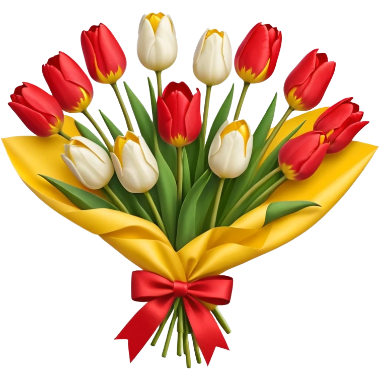 bouquet of tulip with red bow and yellow wrapping paper emoji