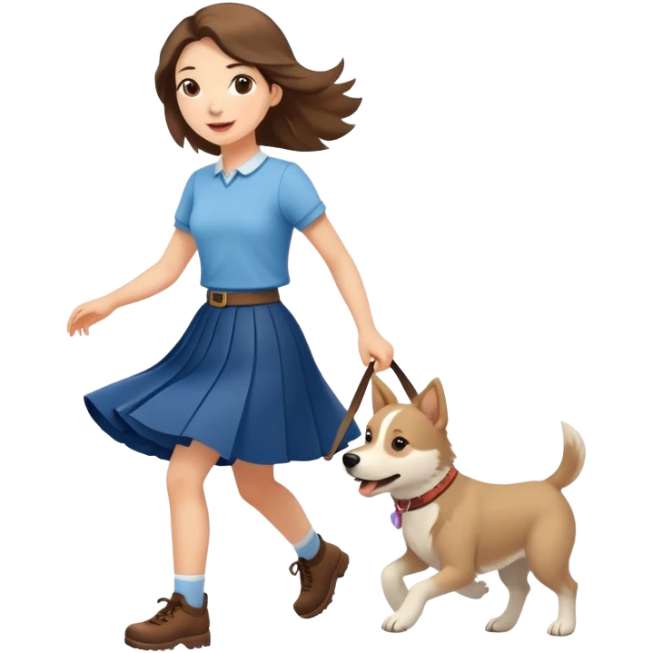 A beautiful girl with fair skin wearing a skirt happily chases the Alaskan dog emoji