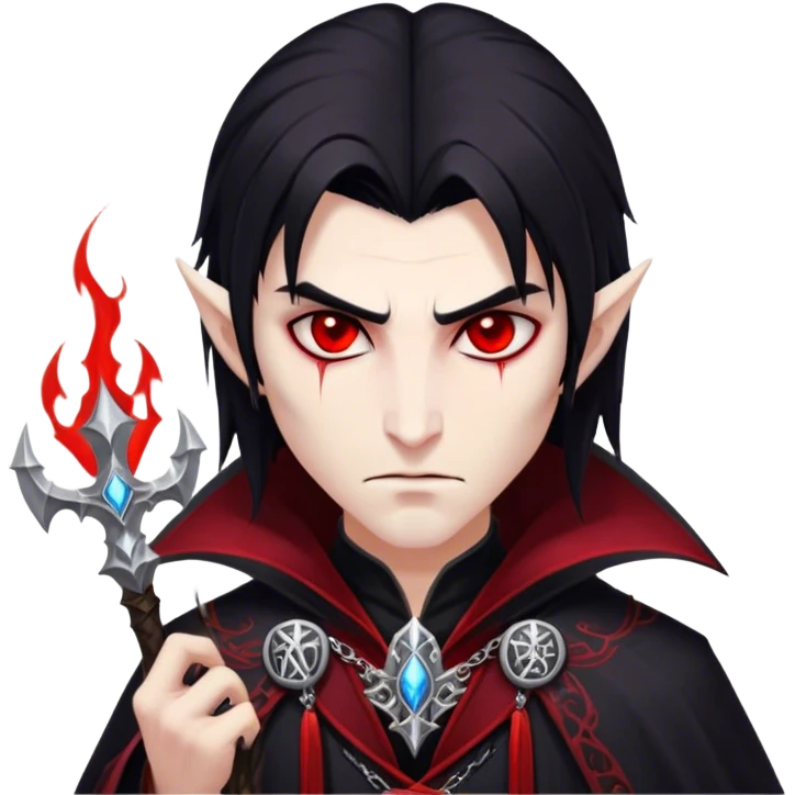 Cinematic Realistic WoW Vampire Mage Portrait, head tilted epicly and inquisitively, showcasing a commanding presence and ancient arcane mastery. His pallid skin and sleek dark hair are set against the intricately detailed black robe—with silver accents and mystical runes—that remains consistent in its shadowed elegance. His piercing crimson eyes blaze with forbidden power, rendered with dramatic, lifelike clarity and high shine, epic and awe-inspiring. emoji