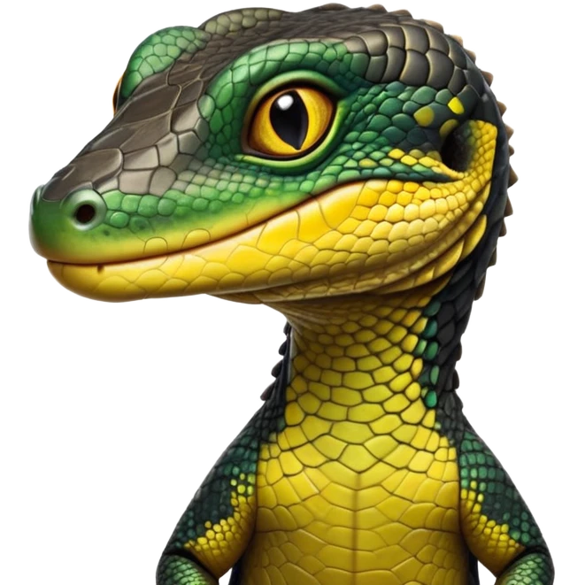 cinematic-realistic-cute-monitor-lizard-portrait-emoji,-head-tilted-playfully-and-inquisitively,-featuring-a-compact,-agile-body-with-finely-detailed,-glossy-scales-in-earthy-black and yellow-hues-and-a-distinct,-alert-face-with-bright,-curious-eyes, black , yellow spotted and green band  scales emoji