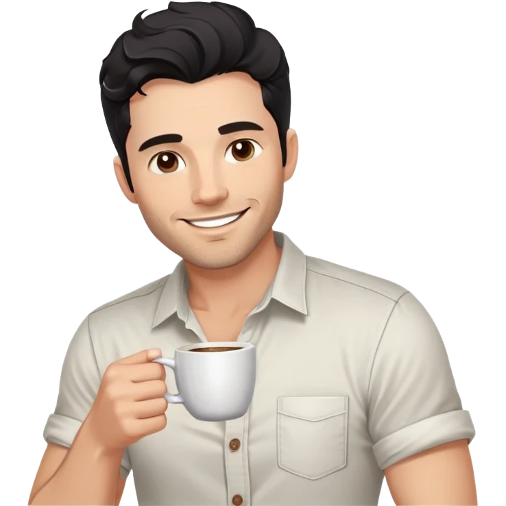 Casual portrait of a 35-year-old man with black wavy hair, stubble, strong jawline, white skin tone, wearing casual button-up shirt with rolled sleeves, holding coffee cup, friendly approachable smile, relaxed confident pose for social media emoji