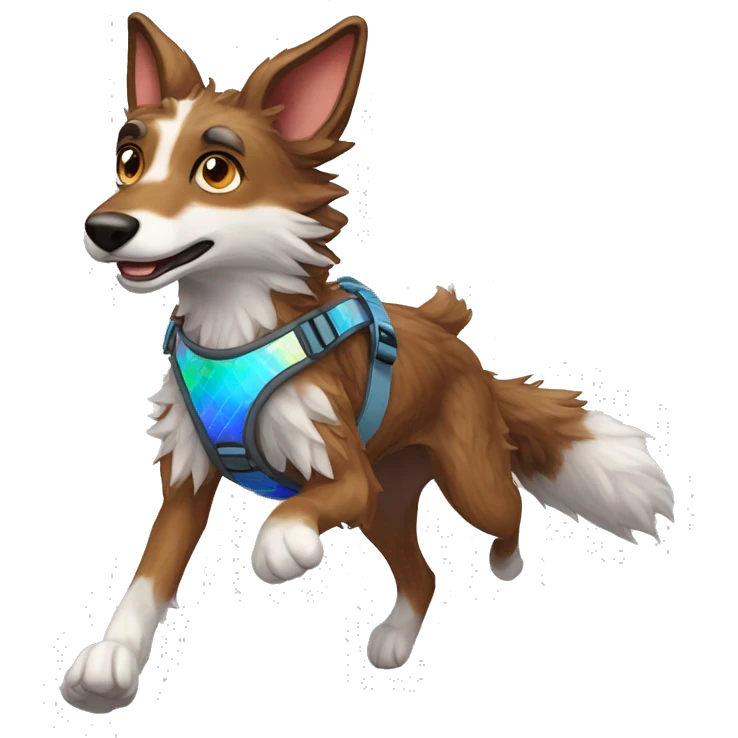  brindle fluffy lurcher fox blue eyes fluffy ears and holographic harness running emoji
