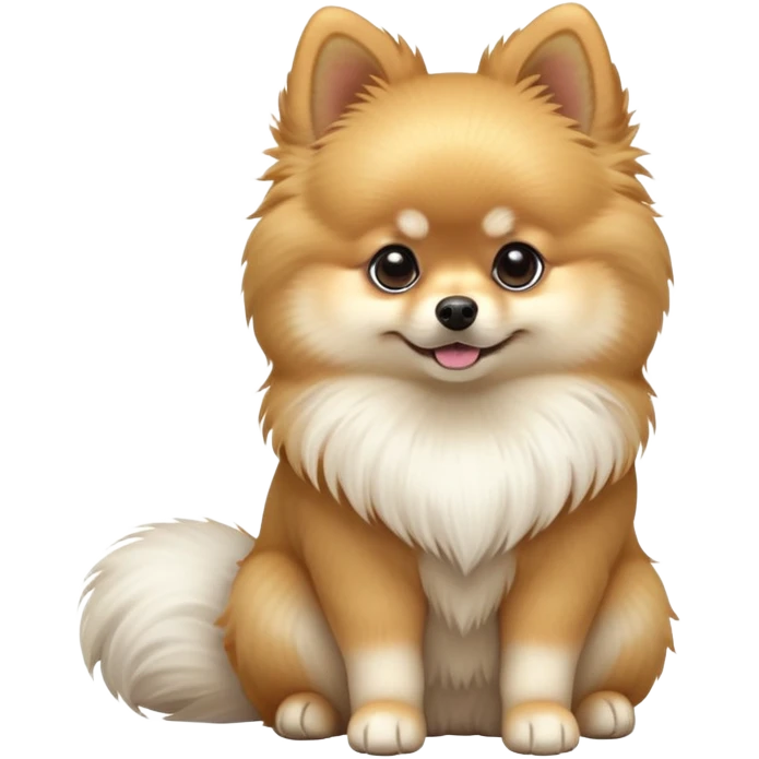 cinematic-[pomeranian]-realistic-full-body-sitting-emoji,-tail-resting-loosely-beside-its-paws,-head-tilted-dramatically, -fluffy-[cream]-fur,-simplified-yet-realistic-focused-features,-highly-detailed,-glowing-with-an-almost-sarcastic-glow emoji