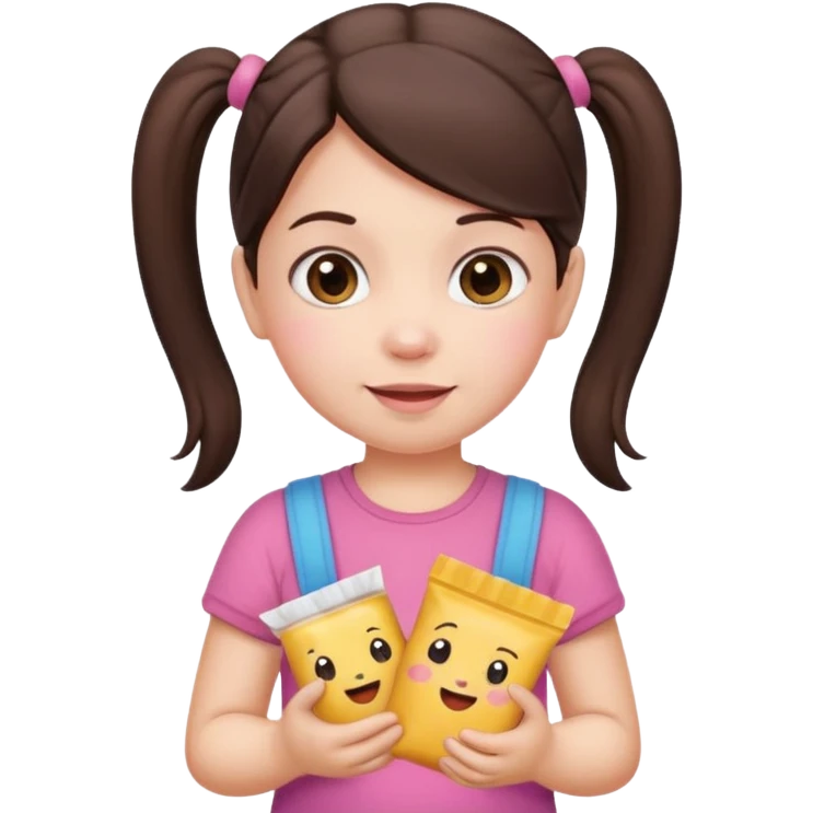 Cute small Toddler emoji with two pigtails dark brown hair, fair skin, in pink top, holding toddler snacks emoji
