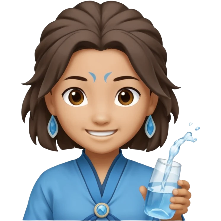 Katara from Avatar: The Last Airbender as an emoji, smiling, blue Water Tribe clothes, hair loopies, holding water emoji