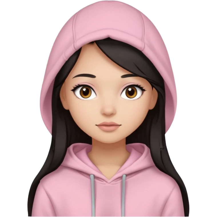 A pretty girl with light skin and long straight black brown hair, wearing a very light pink basic hoodie with brown eyes and makeup emoji