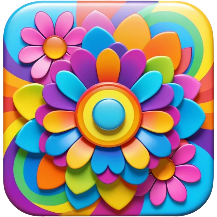 Beveled square shaped psychedelic colored button with rainbow colored hippie style 3D flowers in the center emoji