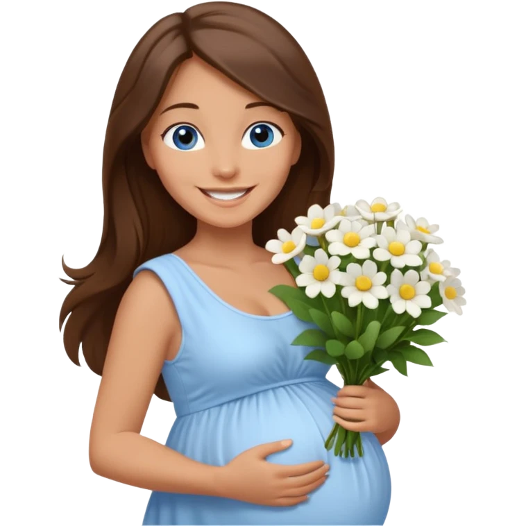 Create a cute emoji-style illustration of a young brunette woman with long brown hair, blue eyes, and a happy smile. She is pregnant, shown with a visible baby bump, wearing a simple white dress and holding a small bouquet of flowers. She looks excited and joyful, as if she's about to marry soon. emoji