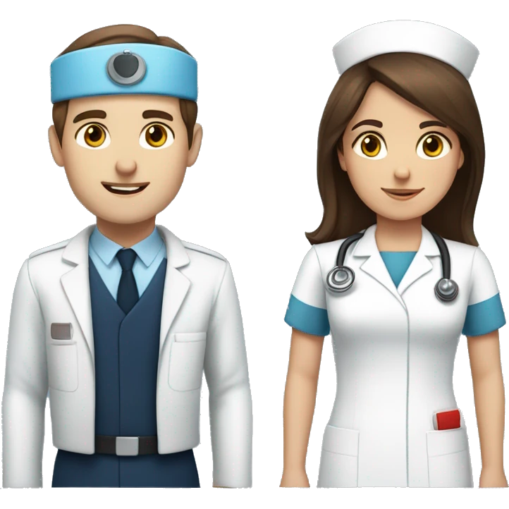 long brown haired girl nurse with brown eyes  and brunette haired boy pilot with blue eyes. couple  emoji
