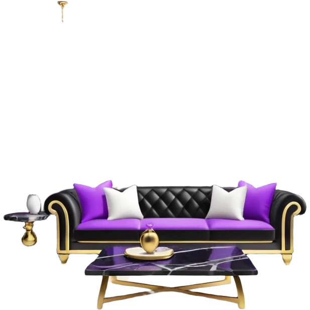 Luxurious black marble living room with gold and white accents and with a purple pillow  emoji