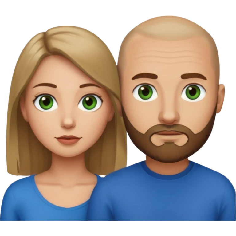 Man on left with shaved head with dark blonde beard and blue eyes, woman on the right with long dark brown hair green eyes  emoji