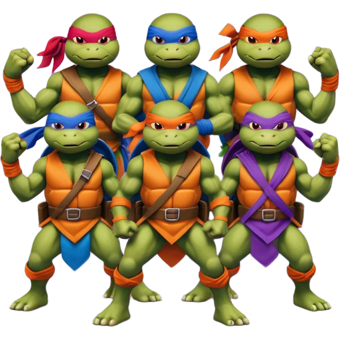 Give me a picture of 4 teenage mutant ninja turtles. Make them hold a fighting pose. Their bandana colors should be red, another orange, another purple, another blue. emoji