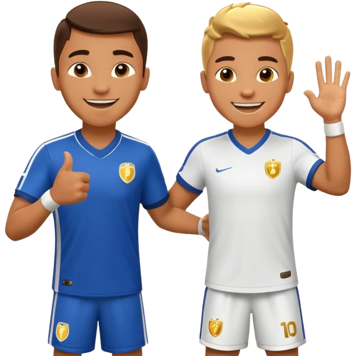 Soccer player celebrating with coach handshake under bright stadium lights, golden lighting, energetic, cinematic, realistic emoji