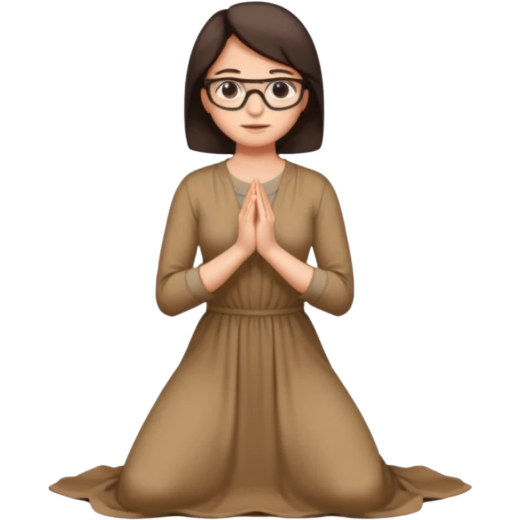A woman kneeling praying, in a long dress, short dark brown hair, glasses  emoji
