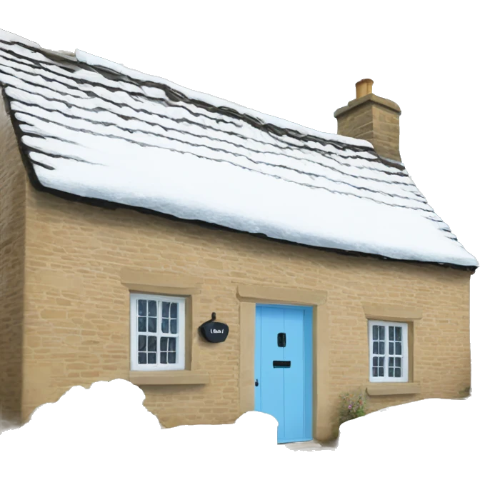 Snowy stone cotswolds cottage with sky blue door  emoji