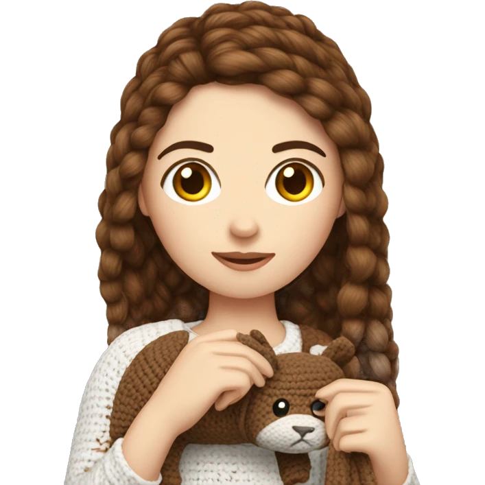 White girl with straight brown hair crocheting an animal emoji