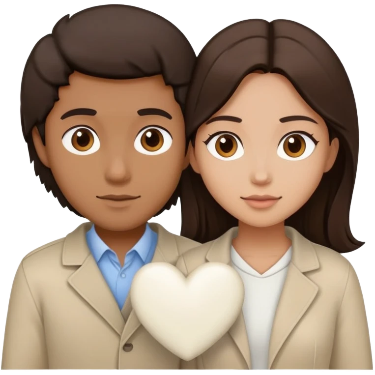 A couple with dark brown hair and mixed skin tone inside a white heart, both wearing beige clothes emoji