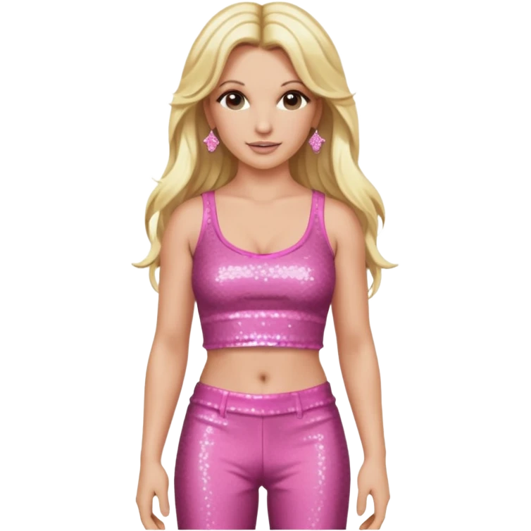 Britney Spears with long blonde hair, pink sequin crop top and pants emoji