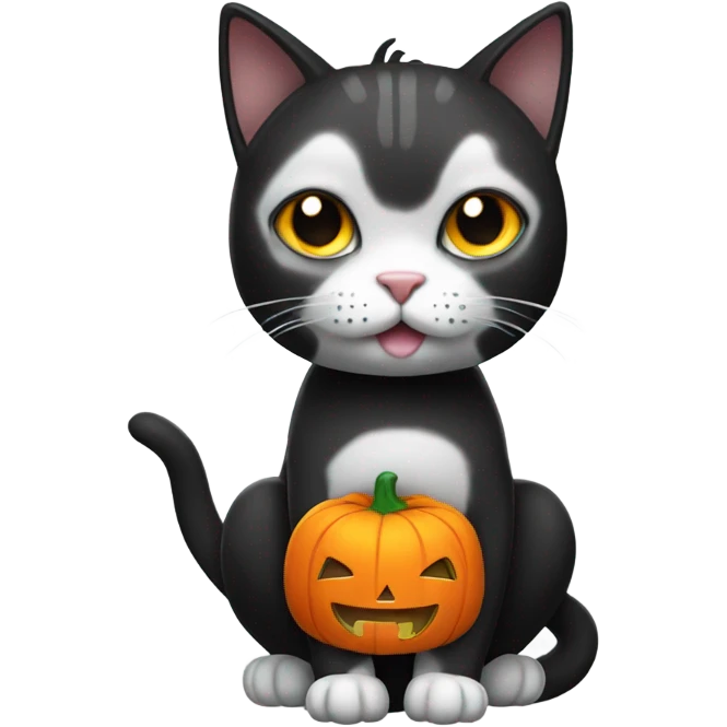 black and white cat wearing pumpkin costume emoji