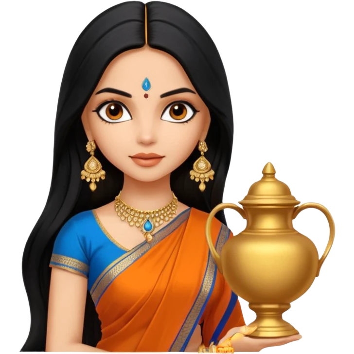 generate a pretty bratz Deepika Padukone with long black hair middle parted.
Wearing an orange saree with a blue blouse, golden jhumkas
SHe shoudl look like deepika padukone. dark brown eyes and carrying an urn emoji